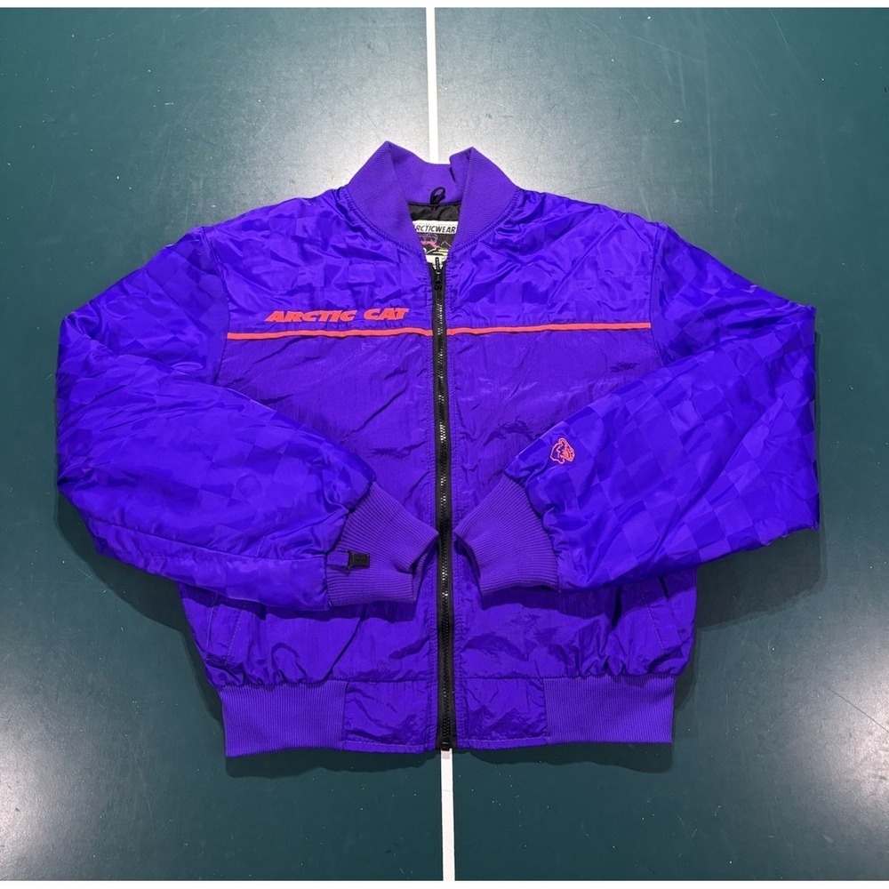 Vintage Arctic Cat Bomber Jacket Women's Small Purple Checkered Snowmobile 90s